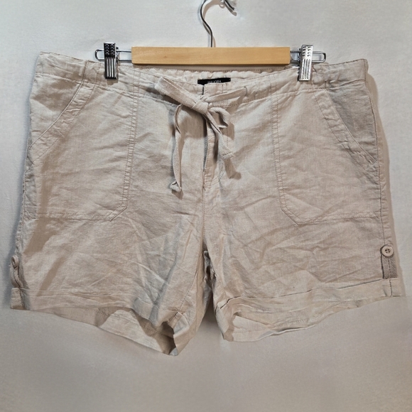 Majora Pants - Neutral Linen Taupe Shorts Size Lg With Drawstring Side Button Detail